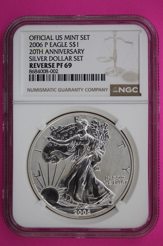 2006 P Reverse PF 69 Eagle From Mint 20th Anniversary Silver Dollar Set NGC 100
