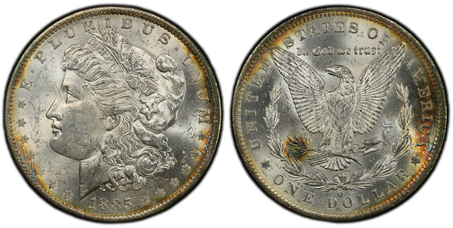 Rainbow Toned 1885 O MS 63 Morgan Liberty Silver Dollar PCGS Certified Slab 990
