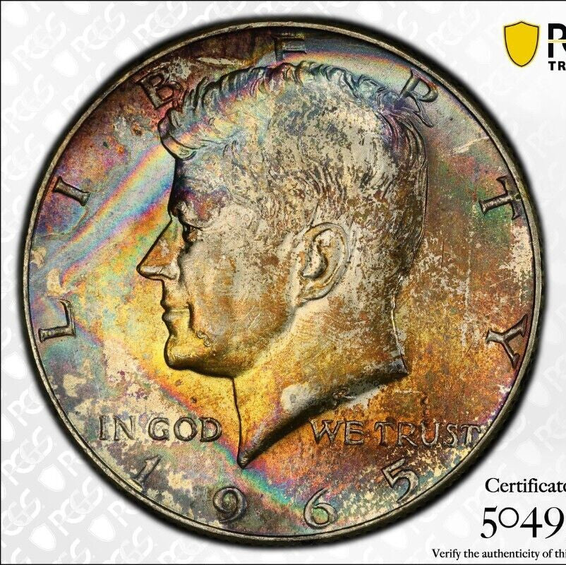 Rainbow Toned 1965 Silver MS 65 John F Kennedy Silver Half Dollar PCGS Slab 130