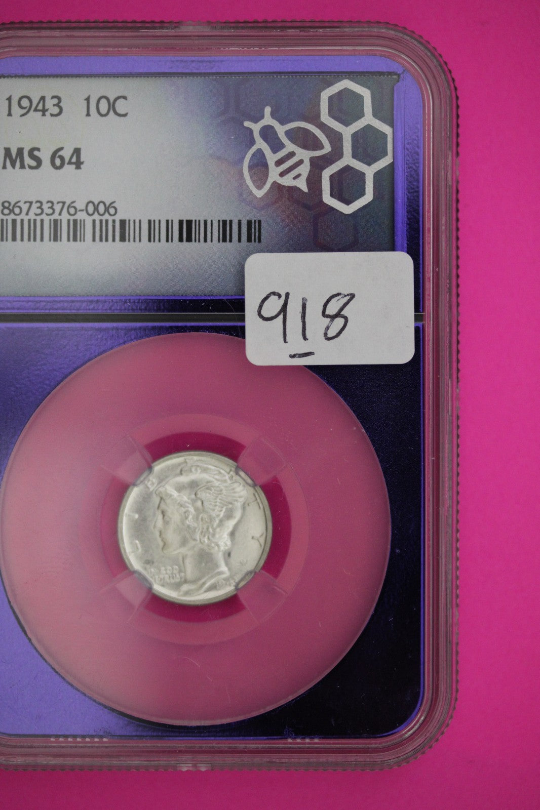 1943 P MS 64 Mercury Liberty Dime NGC Purple Bee Hive Label Graded Certified 918