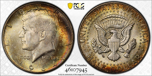 Toned Color 1964 P MS 65 John Kennedy Half Dollar PCGS Trueview Slab 1516