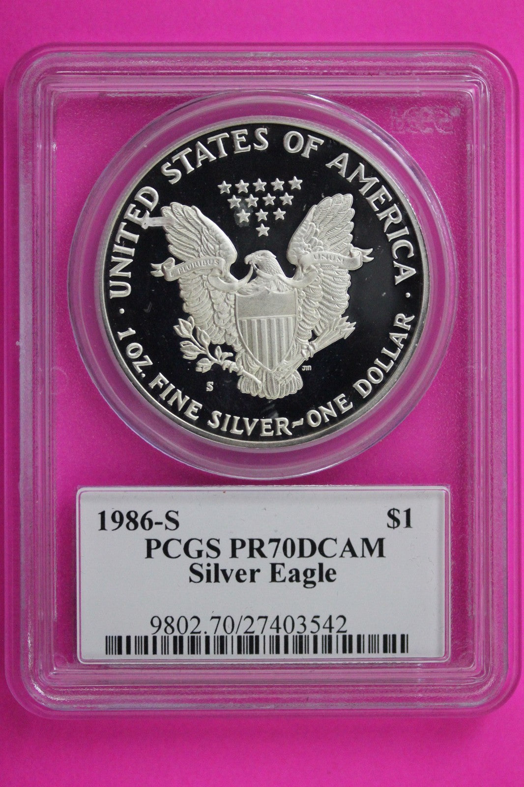 1986 S PR 70 Silver American Eagle Mercanti Signature PCGS Certified Slab 357