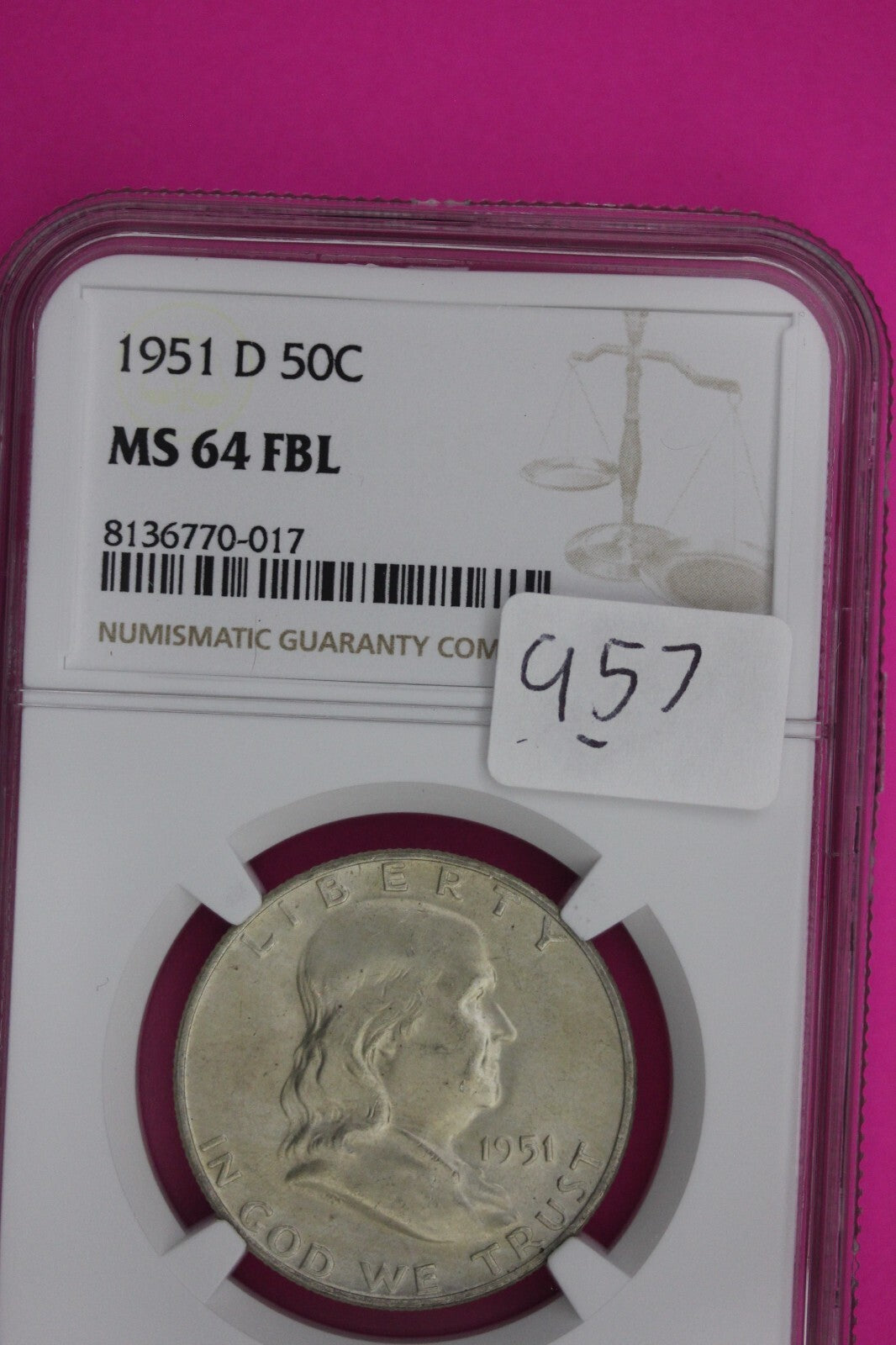 Full Bell Lines 1951 D MS 64 FBL Ben Franklin Half Dollar Silver Coin NGC 957