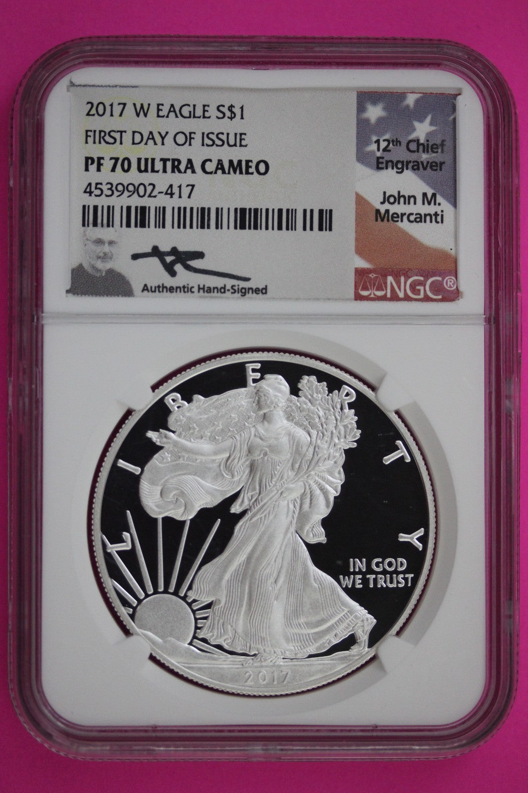 2017 W PF 70 Silver Eagle Mercanti Signature Proof Ultra Cameo 1 OZ NGC Slab 891