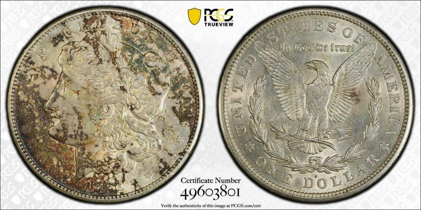 Toned 1921 S AU 58 Morgan Silver Dollar PCGS Graded Certified Authentic Slab 248