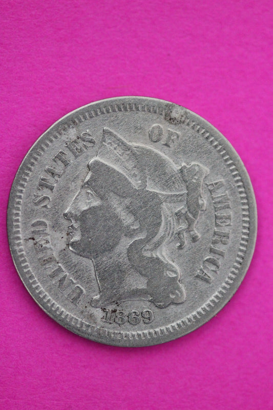 1869 Three 3 Cent Nickel Scarce Semi Key Date Type Coin Philadelphia Mint 63