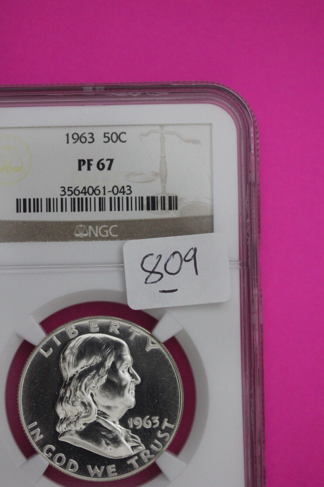 1963 PF 67 Ben Franklin Silver Proof Half Dollar NGC Graded Certified Slab 809