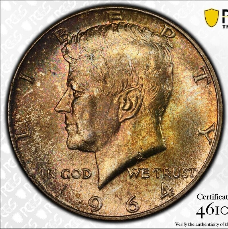 Toned Color 1964 P MS 65 John Kennedy Half Dollar PCGS Graded Truview Slab 60