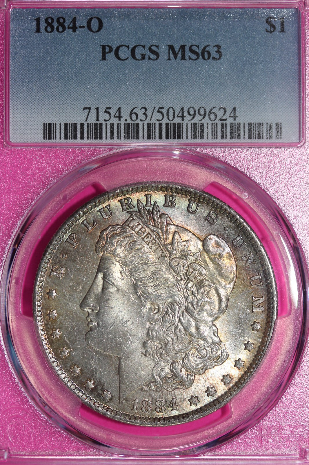 Rainbow Toned 1884 O MS 63 Morgan Liberty Silver Dollar PCGS Certified Slab 204