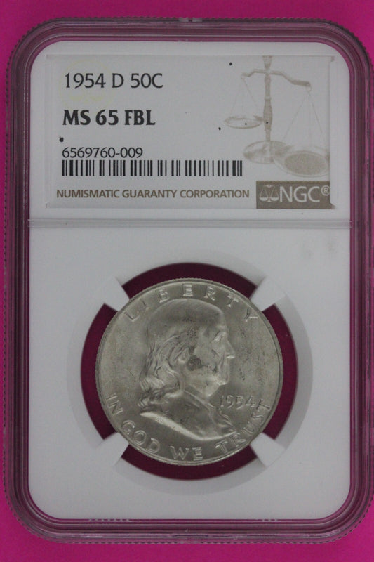 Full Bell Lines 1954 D MS 65 FBL Ben Franklin Half Dollar Silver Coin NGC 790
