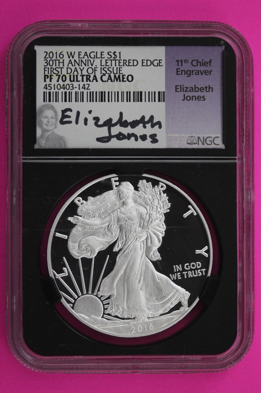 2016 W PF 70 Proof DCAM Silver American Eagle Lettered Edge NGC Jones Sig 533