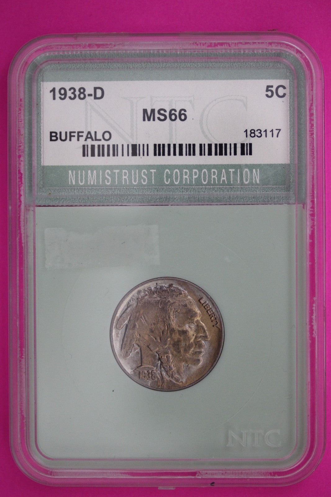 Toned Gem Uncirculated 1938 D Buffalo Nickel Guaranteed Authentic Coin Slab 523