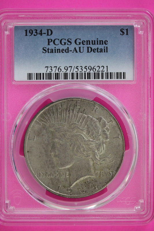 1934 D AU Detail Stained Peace Silver Dollar PCGS Certified Genuine Slab 133