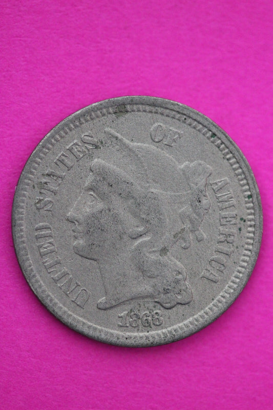 1868 Three 3 Cent Nickel Scarce Semi Key Date Type Coin Philadelphia Mint 24