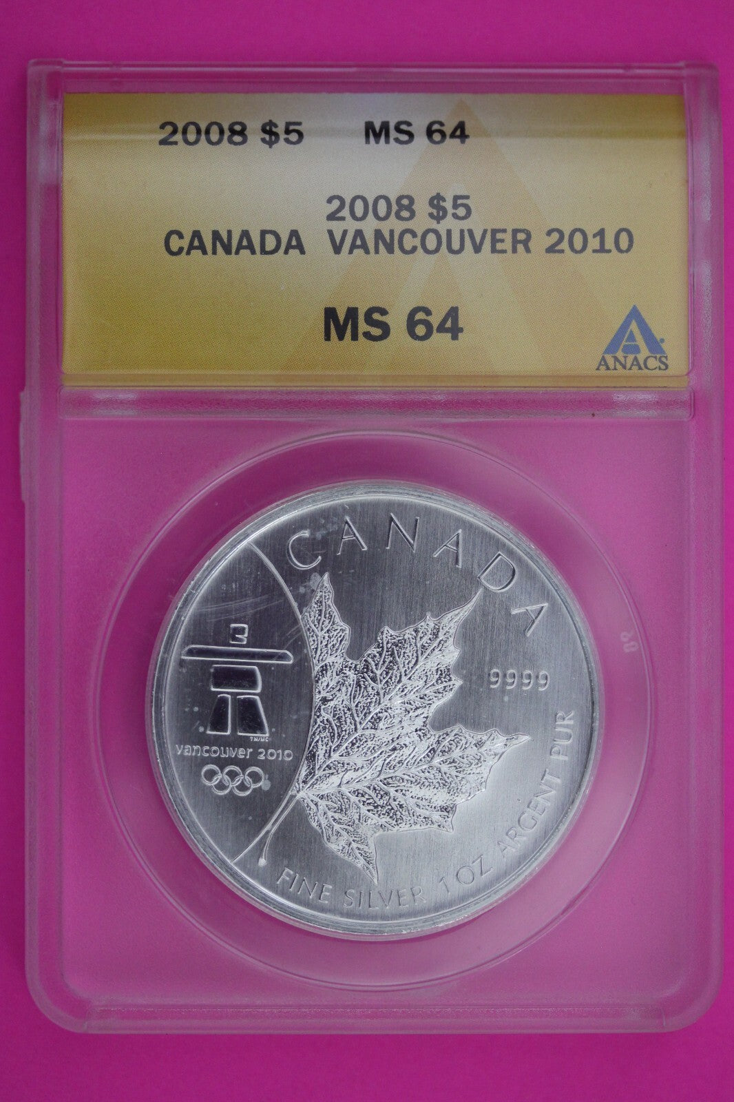 2008 MS 64 Vancouver Canada 5 Dollars Silver Maple Leaf ANACS Certified Slab 586