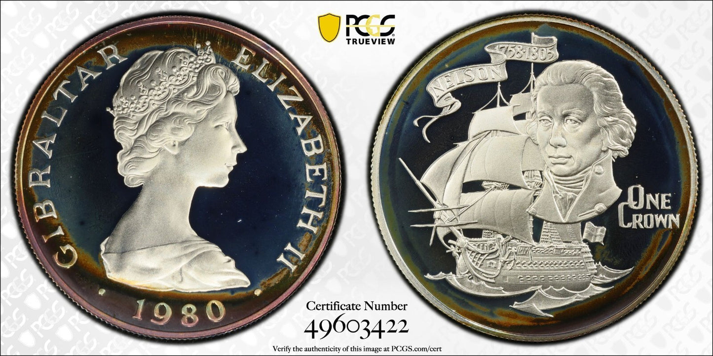 Toned 1981 PR 68 DCAM Crown Gibraltar Admiral Nelson Battle Trafalgar PCGS 572