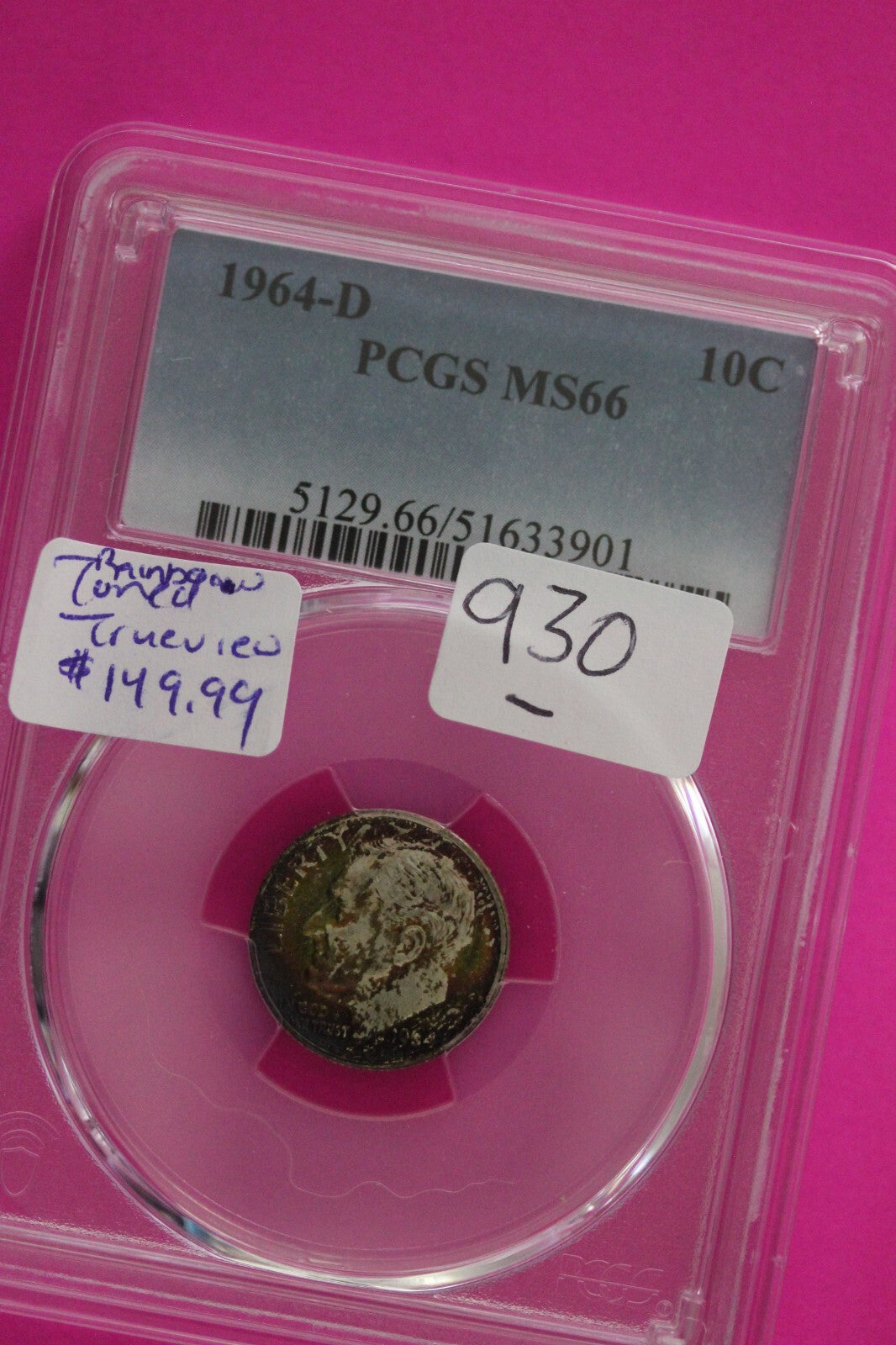 Rainbow Toned 1964 D MS 66 Roosevelt Dime PCGS Certified Graded Slab OCE 930