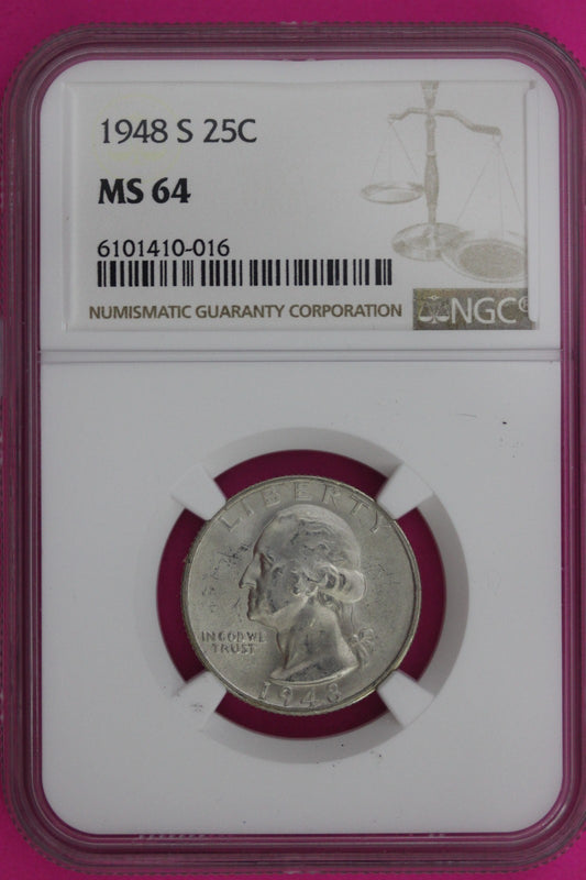 1948 S MS 64 Washington Silver Quarter NGC Certified Graded Authentic 1263