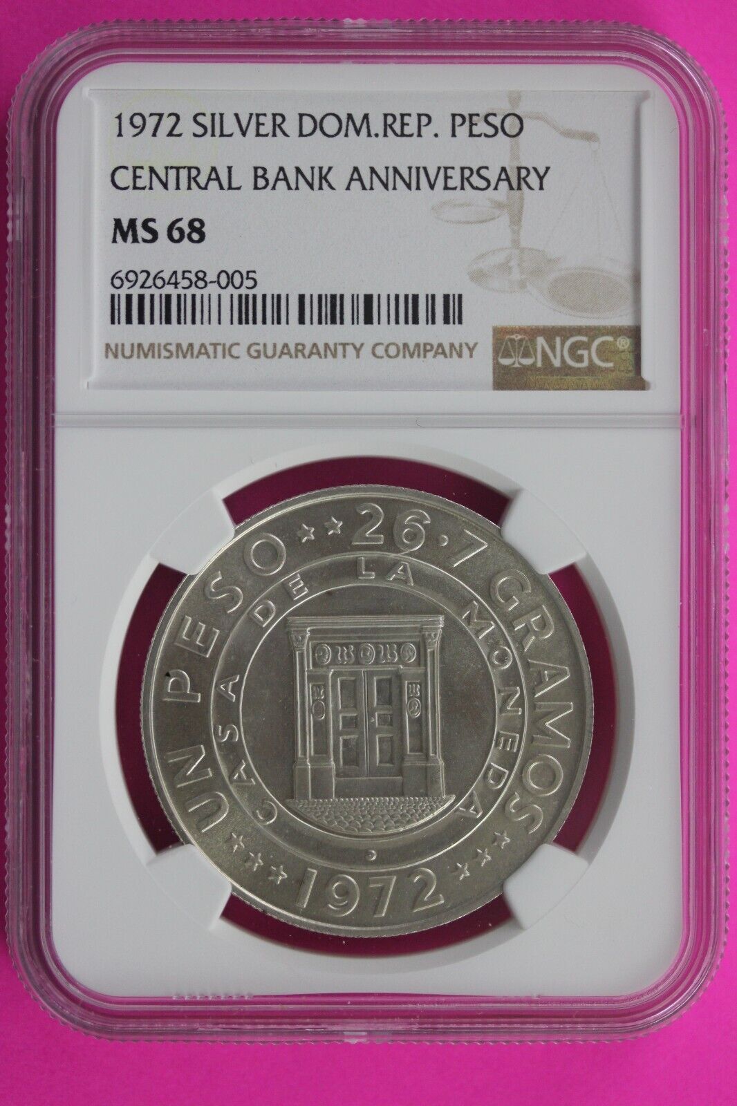 1972 MS 68 Dominican Republic Central Bank Peso Silver Coin NGC Pop 9 Slab 568