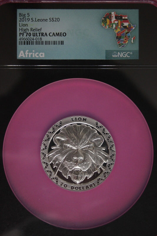 2019 PF 70 2 Ounces Silver Lion High Relief 20 D Sierra Leone .999 Fine NGC 7048