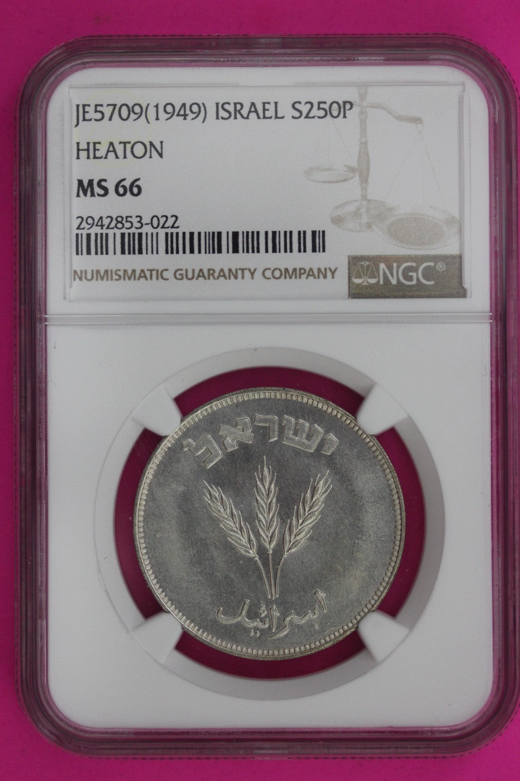 1949 MS 66 Israel Heaton 250 Pruta NGC Certified Graded Authentic Slab 1312