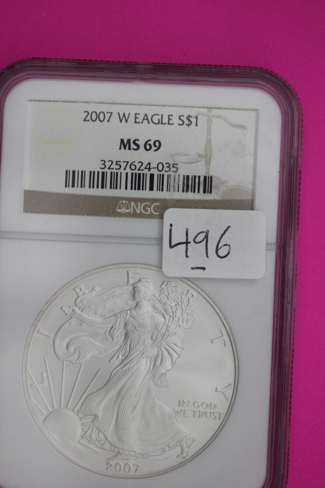 2007 W MS 69 Silver Eagle Coin 1 OZ .999 NGC Graded Certified Authentic Slab 496