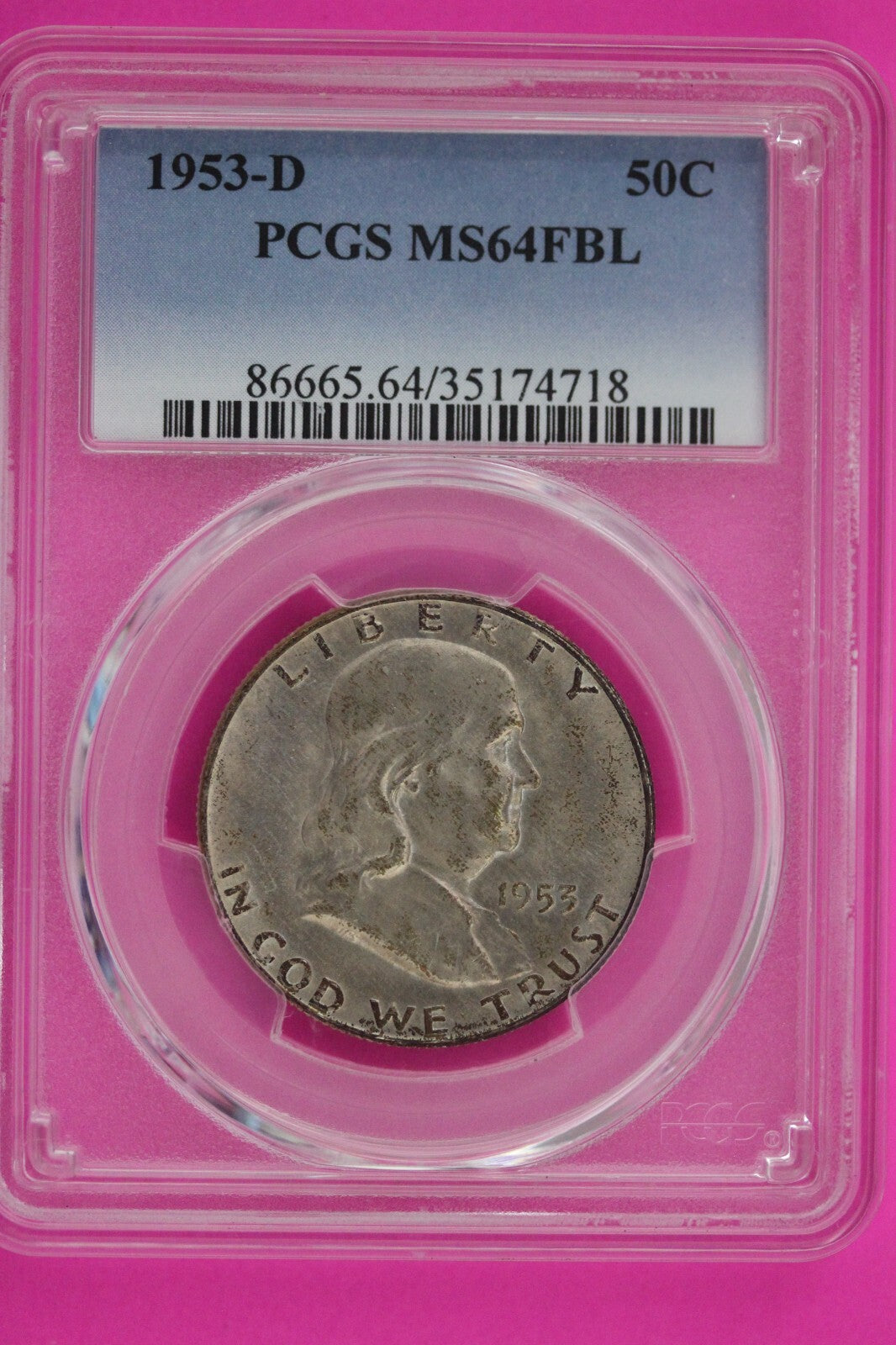 1953 D MS 64 Full Bell Lines Ben Franklin Silver Half Dollar PCGS FBL Slab 18