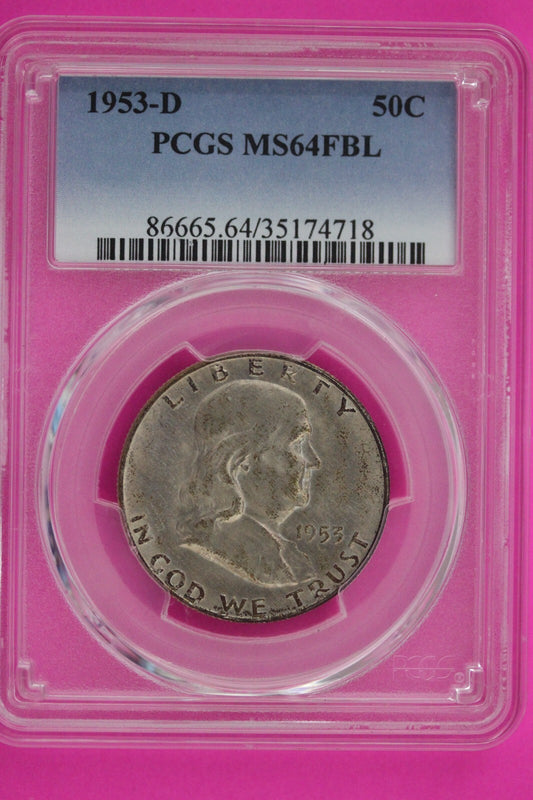 1953 D MS 64 Full Bell Lines Ben Franklin Silver Half Dollar PCGS FBL Slab 18