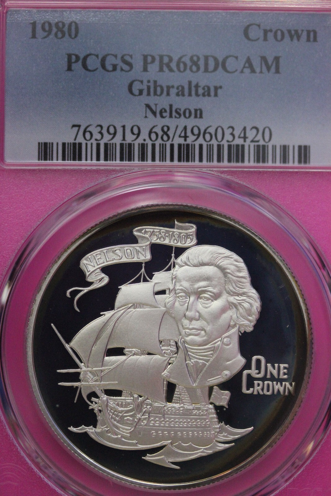 Toned 1981 PR 68 DCAM Crown Gibraltar Admiral Nelson Battle Trafalgar PCGS 557