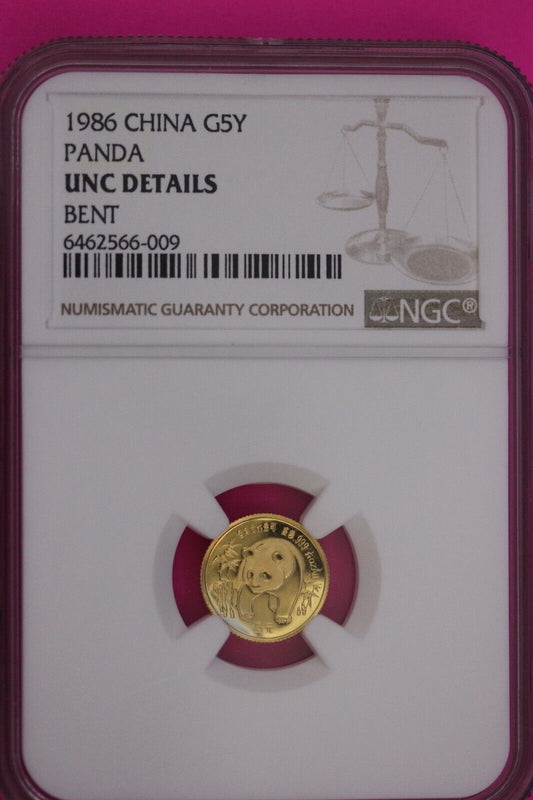 1986 Unc Details Bent 1986 Gold China Panda 1/10 Ounce .999 Fine NGC Slab 821