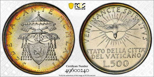 Golden Toned 1963 MS 66 Vatican City Sede Vacante 500 Lire PCGS Certified 723