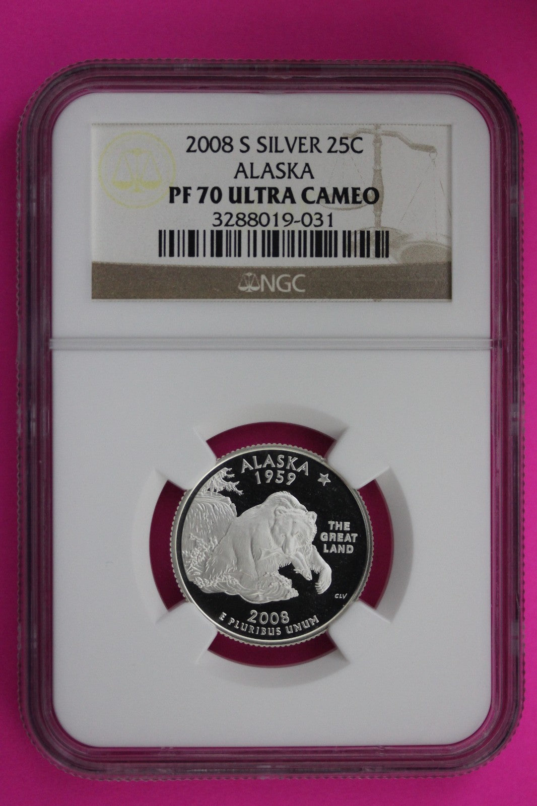 2008 S PF 70 Alaska Silver State Quarter NGC Certified Authentic Slab 474