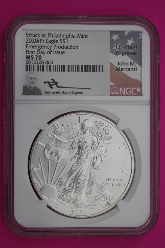 2020 (P) MS 70 Silver Eagle Mercanti Signature Emergency Issue NGC Certified 245