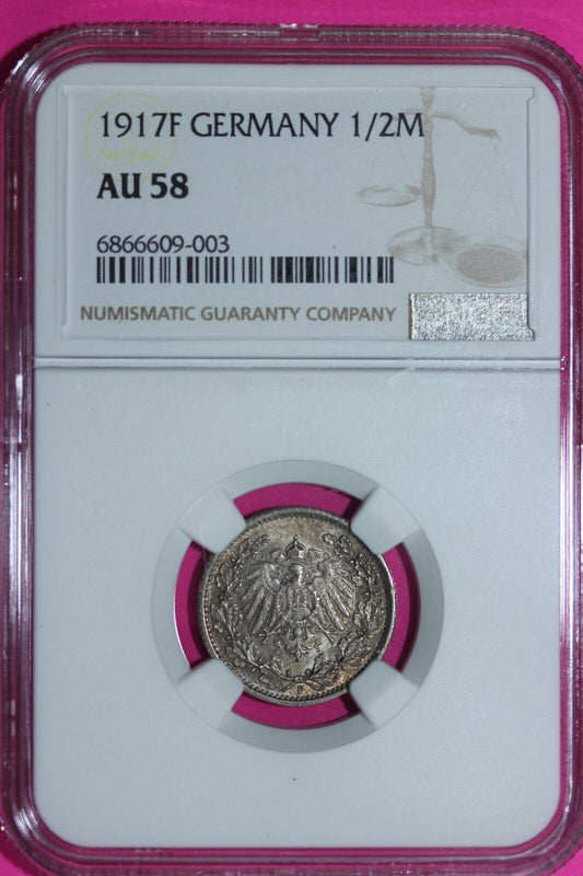 Toned 1917 F AU 58 Germany 1/2 Mark NGC Graded Certified Authentic Slab 1456