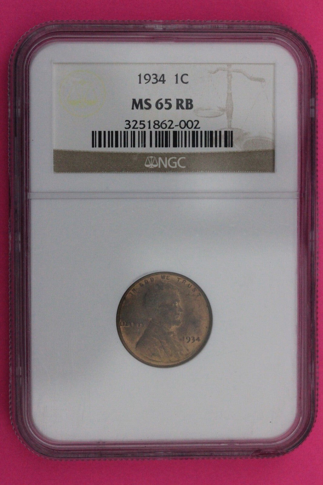 1934 P MS 65 RB Lincoln Wheat Cent Penny NGC Graded Certified Authentic Slab 68