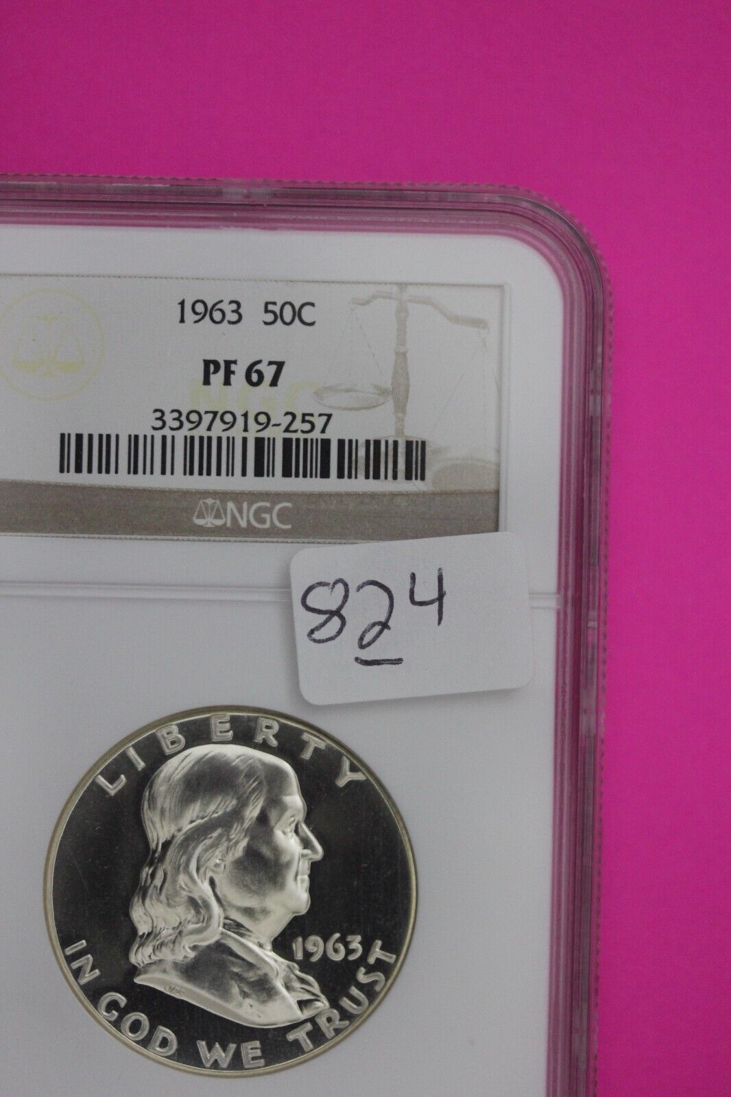 1963 PF 67 Ben Franklin Silver Proof Half Dollar NGC Graded Certified Slab 824