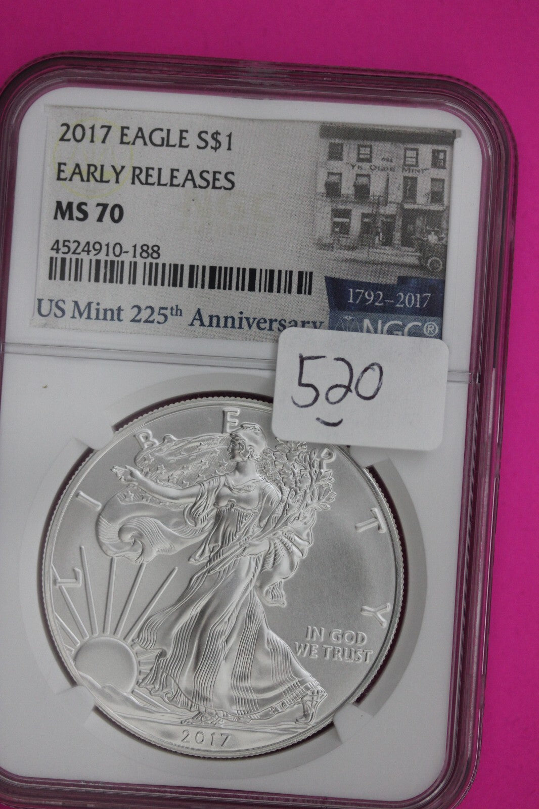 2017 MS 70 Silver Eagle Coin 1 OZ .999 NGC Graded Certified Authentic Slab 520
