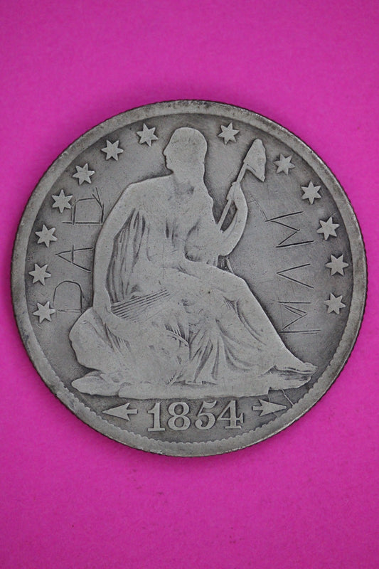 1854 O Seated Liberty Silver Half Dollar Graffitti Authentic Genuine Coin 2853