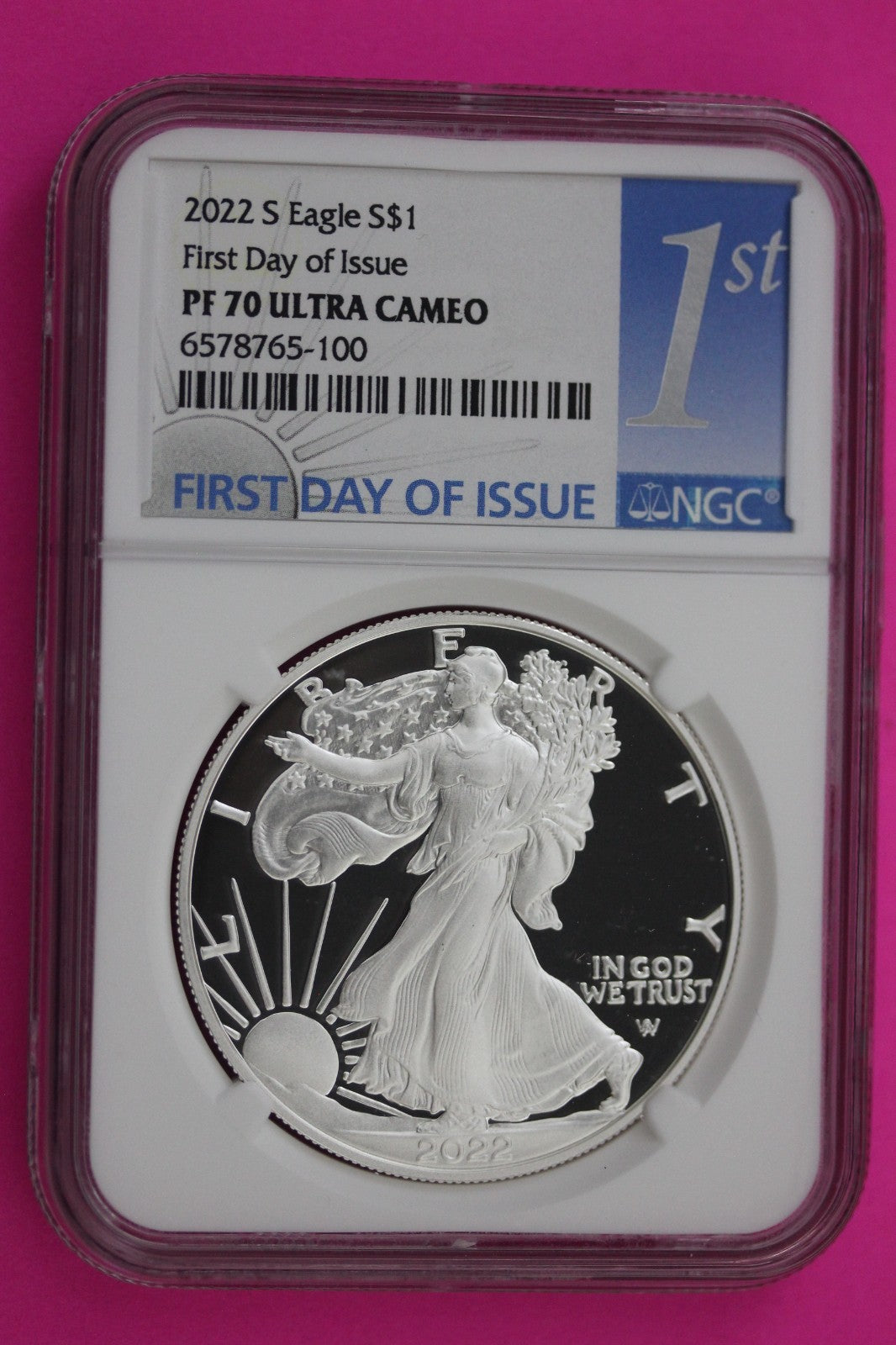 2022 S PF 70 Silver Eagle Proof DCAM 1 OZ .999 Silver NGC 1rst Day Issue 692