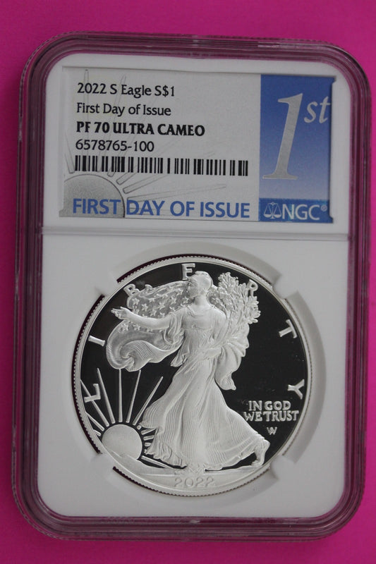 2022 S PF 70 Silver Eagle Proof DCAM 1 OZ .999 Silver NGC 1rst Day Issue 692