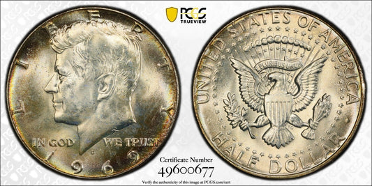 Toned 1969 D Silver MS 65 John F Kennedy Silver Half Dollar PCGS Graded Slab 152