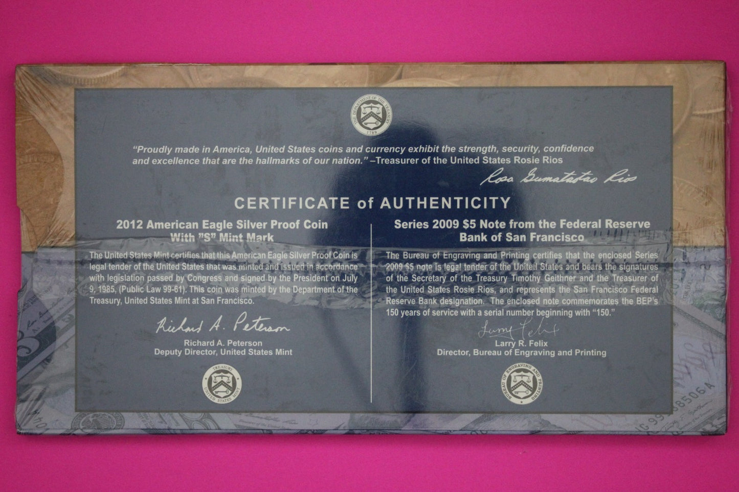 Mint Sealed 2012 Coin & Currency Set Proof 1 OZ Silver Eagle & $5 Note COA 9012