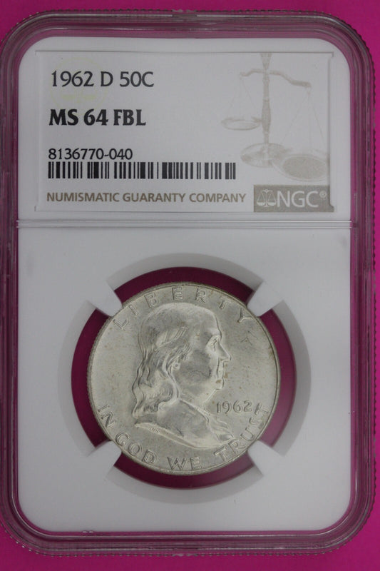 1962 D MS 64 Full Bell Lines Ben Franklin Silver Half Dollar NGC FBL Slab 04