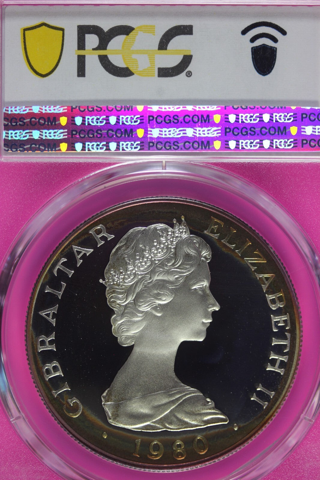 Toned 1980 MPR 68 DCAM Crown Gibraltar  PCGS Queen Elizabeth 80th Birthday 535