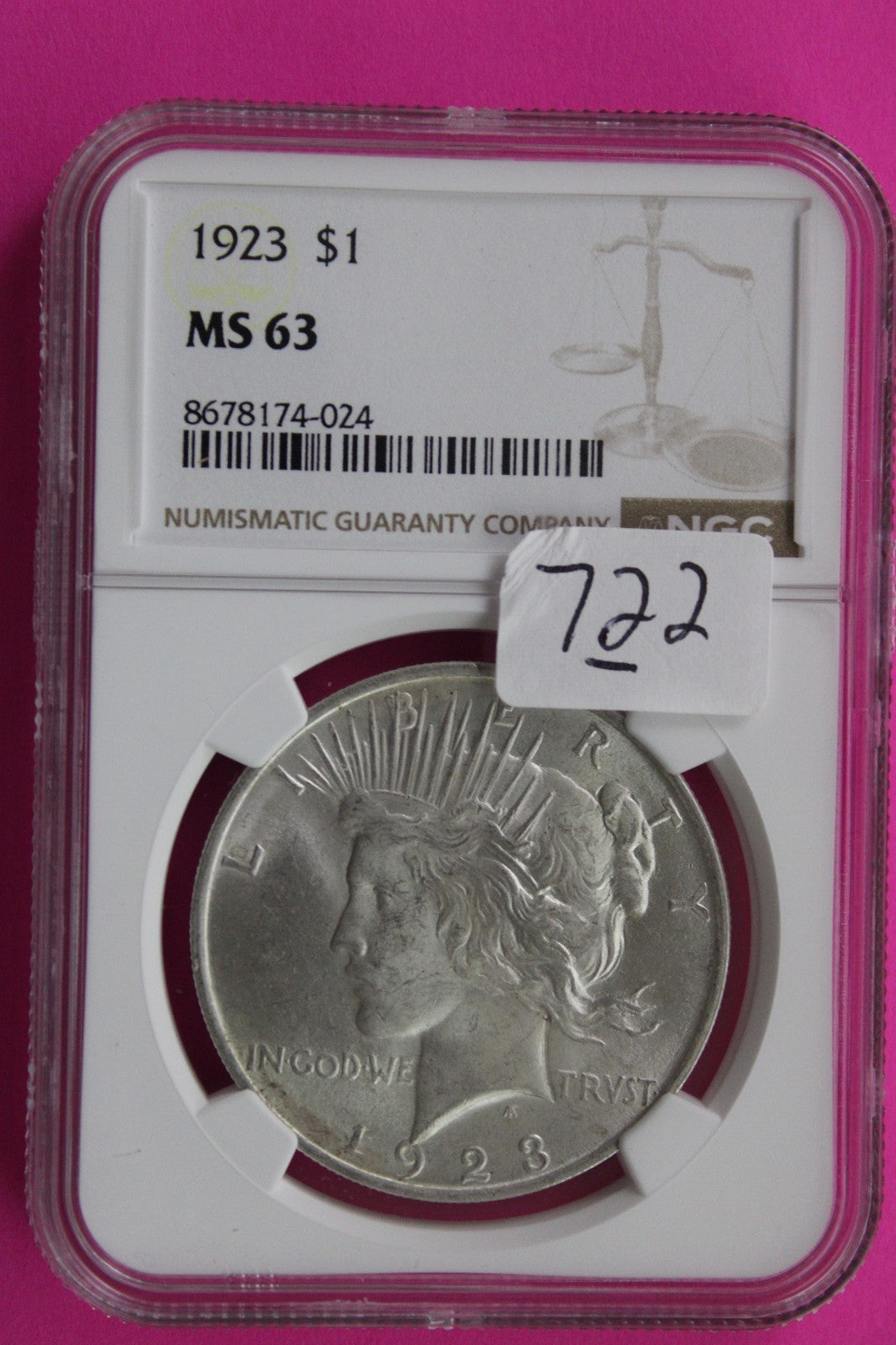 1923 P MS 63 Liberty Peace Silver Dollar NGC Certified Graded Authentic 722