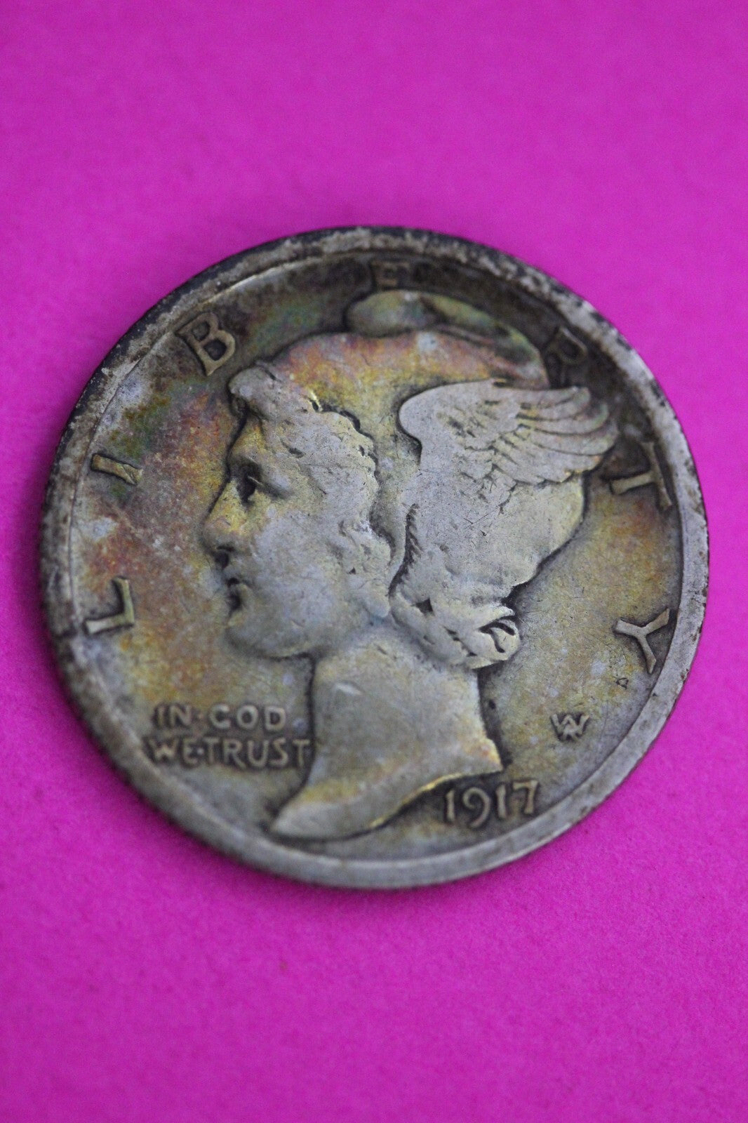 Toned 1917 P Mercury Dime 90% Silver Guaranteed Authentic & Genuine Coin 0999