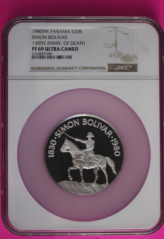 Top Pop 1980 Panama Silver 20 Balboas PF 69 Ultra Cameo NGC Graded Slab 7103