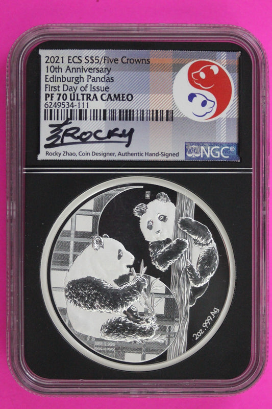 2021 PF 70 Edinburgh Pandas 5 Crowns ECS 2 OZ Silver Coin NGC Zhao Sig 6082