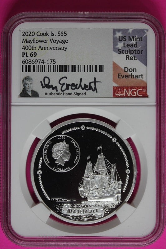 Rare 2020 PL 69 Cook Islands Silver Mayflower Voyage Everhart Signature NGC 1316