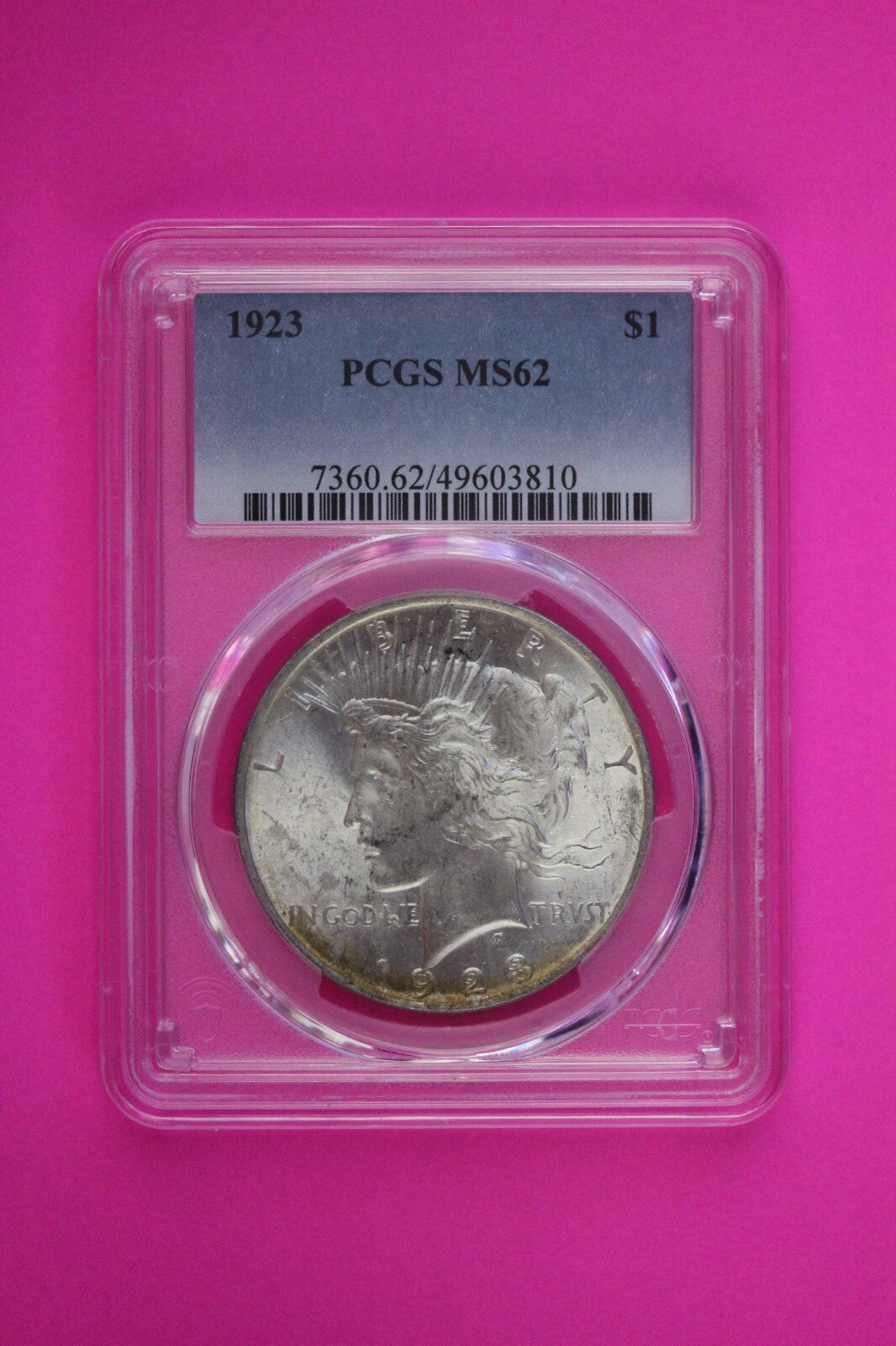 Toned 1923 P MS 62 Peace Silver Dollar PCGS Graded Certified Authentic Slab 48